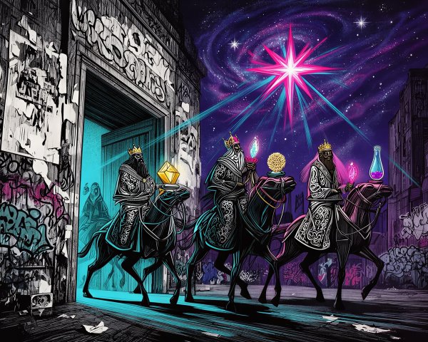 Three Kings on Camels in Neon Urban Landscape