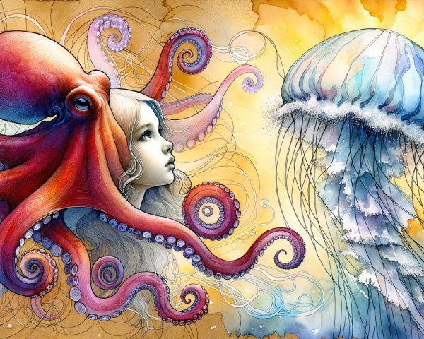 Surreal Illustration of an Octopus and Dreamy Girl