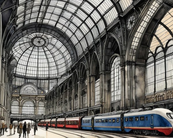 Grand railway station with arches and glass windows