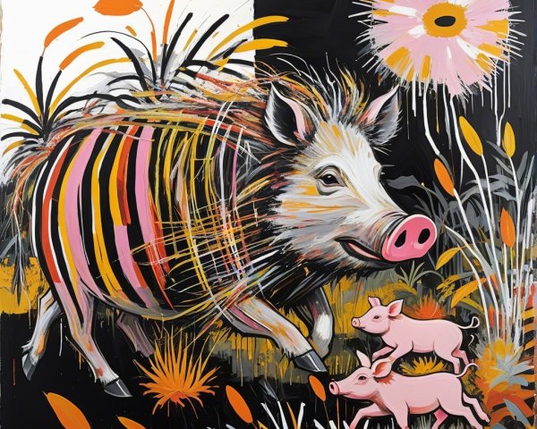 Colorful Painting of a Wild Boar in a Whimsical Landscape
