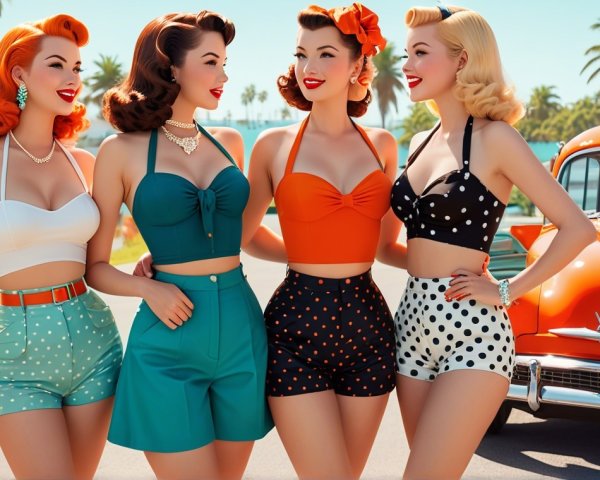 Vintage 1950s Swimsuit Fashion with Classic Car