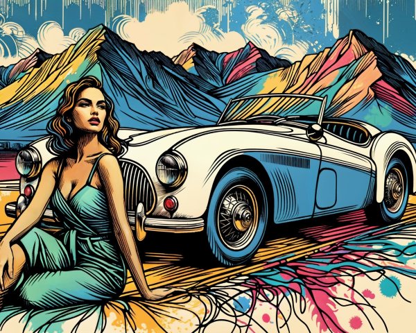 Vintage Convertible on Colorful Road with Mountains