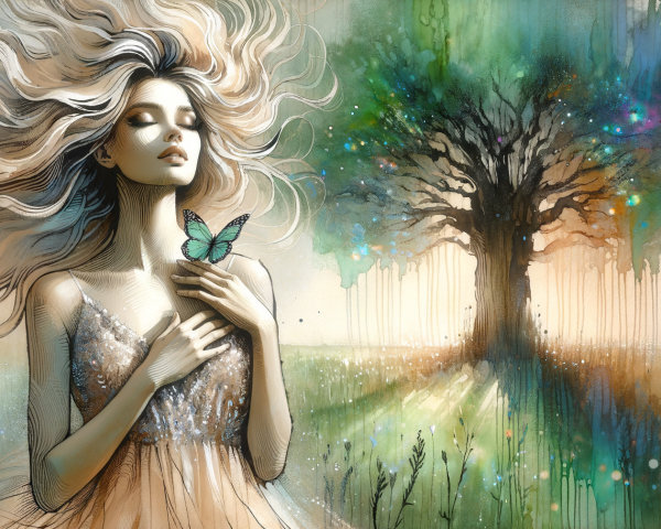 Serene young woman in a colorful field with butterfly