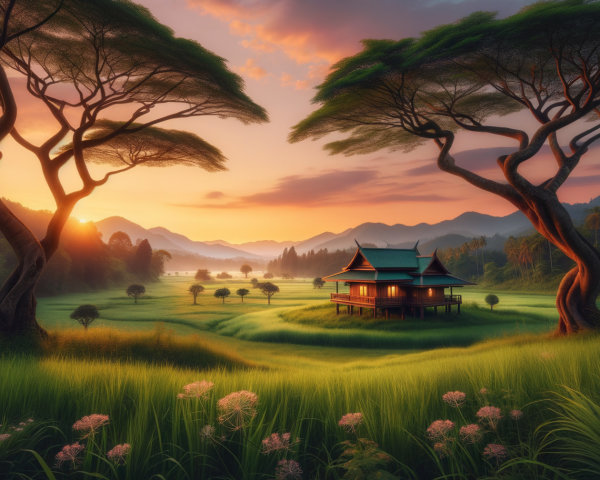 Serene Landscape with Traditional Home and Mountains