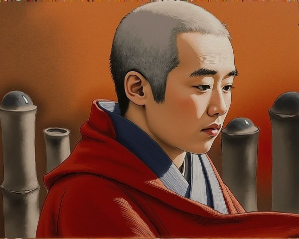 Serene Monk in Red Robe Surrounded by Bamboo