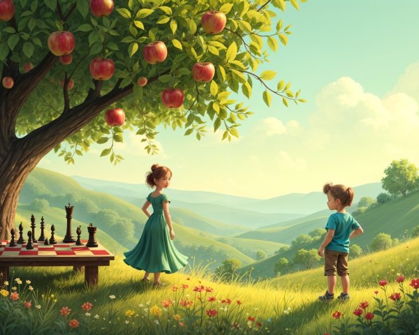 Serene Landscape with Children and Nature Elements