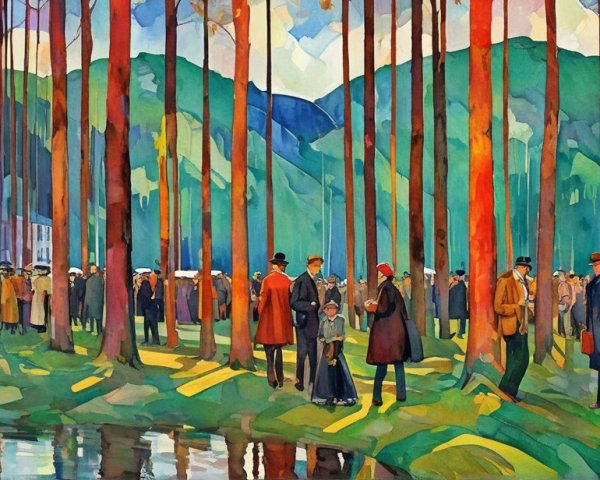 Colorful Forest Scene with People and Serene Pond