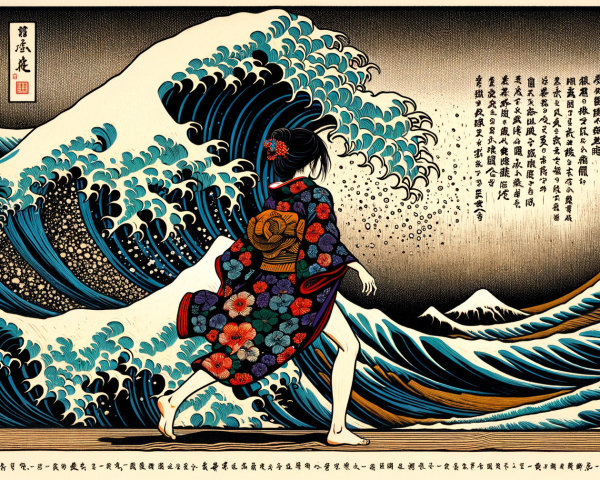 Ukiyo-e Woodblock Print of Woman by Waves