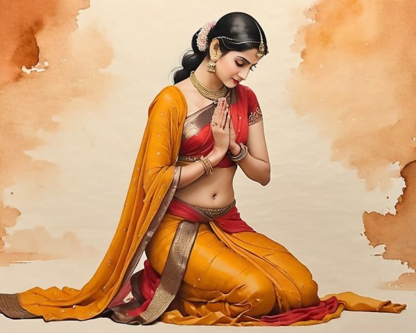 Graceful Woman in Vibrant Orange and Gold Saree