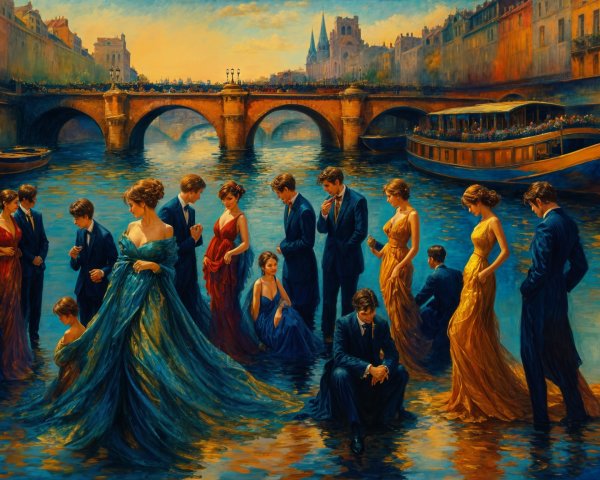 Impressionistic Scene of Elegant Men and Women by River