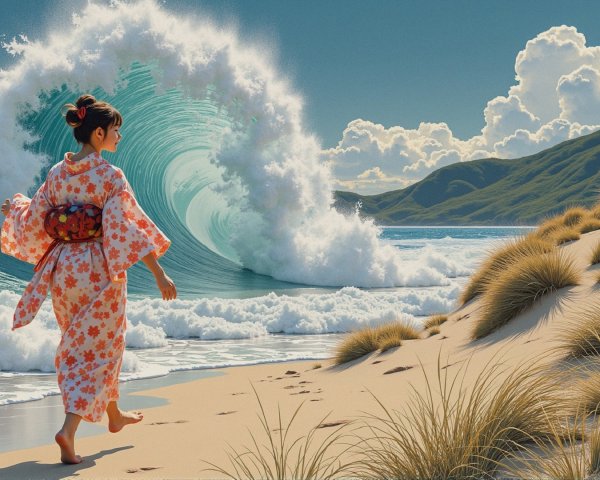 Young woman in floral kimono on sandy beach