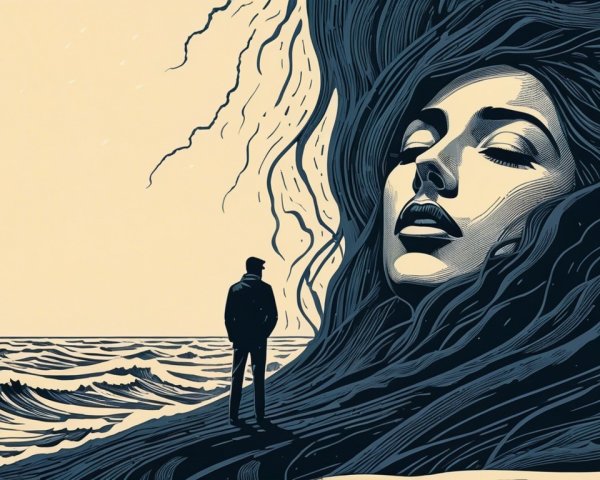 Lone Figure on Shoreline with Oceanic Woman's Face