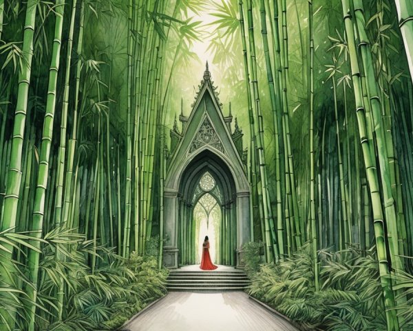 Bamboo Grove with Gothic Archway and Red Dress Figure
