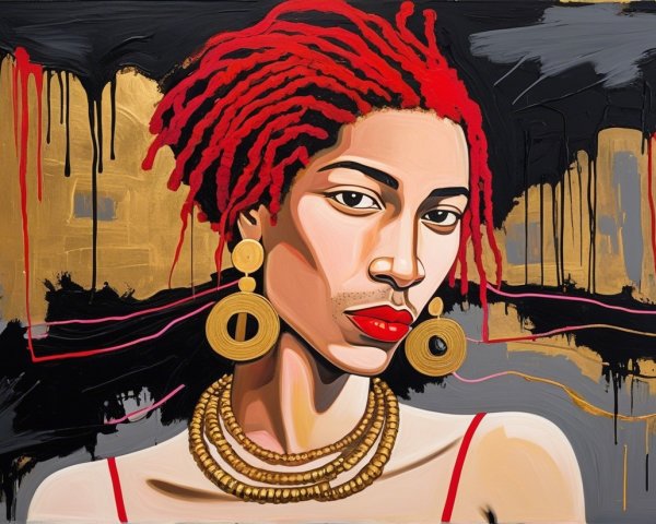Portrait of a Person with Red Dreadlocks and Gold Accents