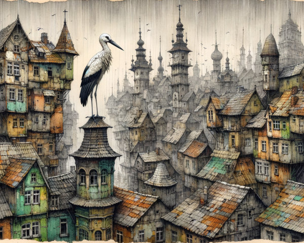 Whimsical Cityscape with Colorful Buildings and Stork