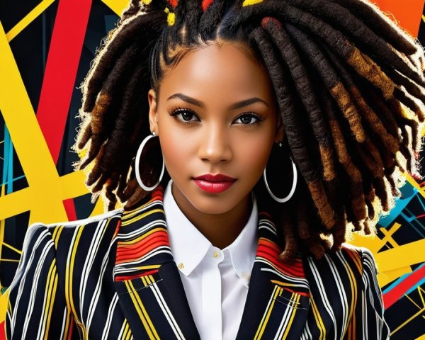 Confident Woman in Multicolored Striped Suit and Locs