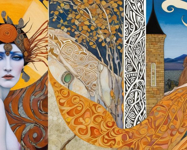 Intricate Triptych with Vibrant Artwork and Patterns