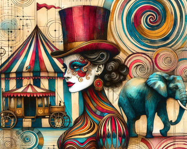 Whimsical Circus Illustration with Woman and Elephant