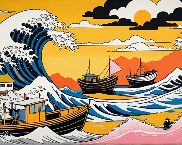 Vibrant Seascape with Bold Waves and Sunset Sky