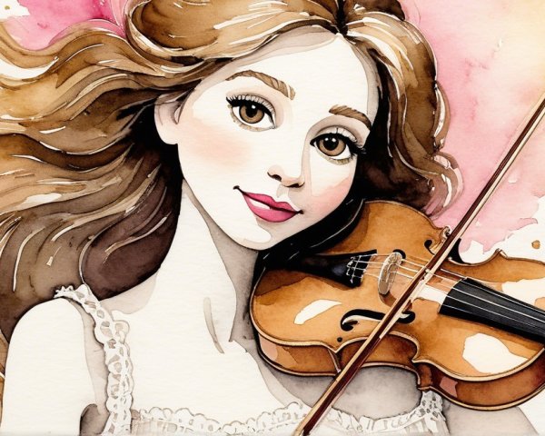 Young Woman Playing Violin in Serene Watercolor Scene