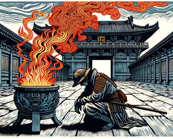 Warrior in Traditional Attire Beside Cauldron Flames