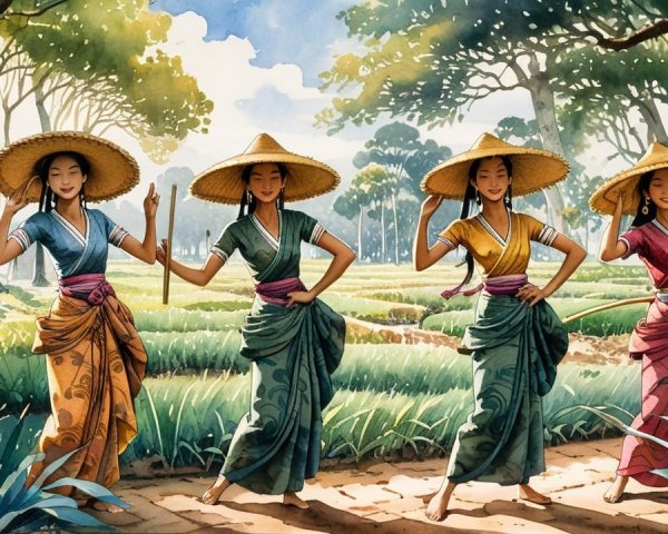 Women in Traditional Attire Dancing in Green Landscape