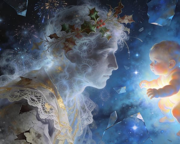 Ethereal Painting of Ghostly Man and Glowing Baby