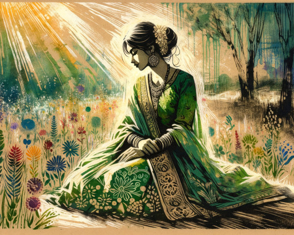 Woman in Green Dress in Colorful Meadow Setting