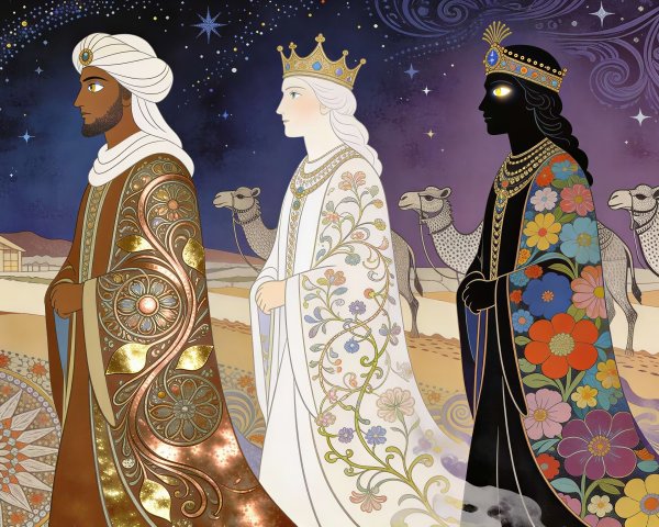 Illustrative depiction of three ornate kings in desert