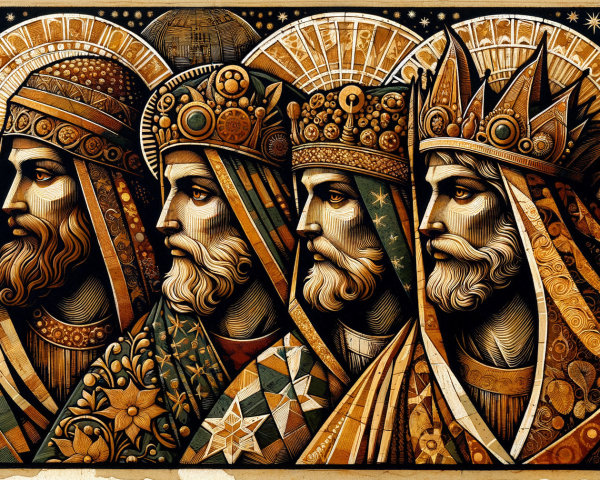 Bearded Men in Ornate Crowns in Mosaic Artwork