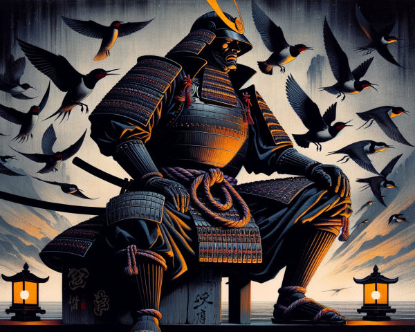 Solitary Samurai in Armor Amidst Swirling Black Birds