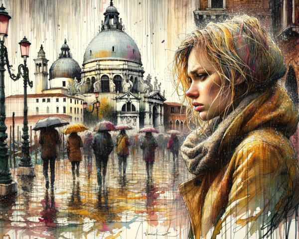 Contemplative Woman in Rainy Venetian Street Scene