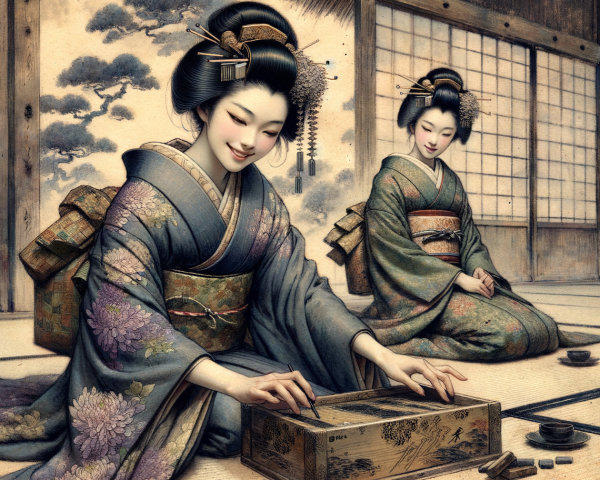 Women in Traditional Kimonos in Japanese Room Setting