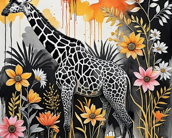 Giraffe Among Abstract Orange and Yellow Background