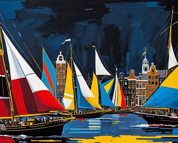 Colorful Sailboats on a Shimmering Waterway Scene