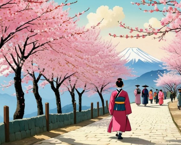 Cherry Blossom Landscape with Cobblestone Path and Mountains