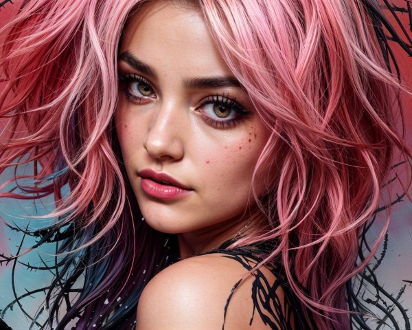 Young woman with pink hair and dramatic makeup