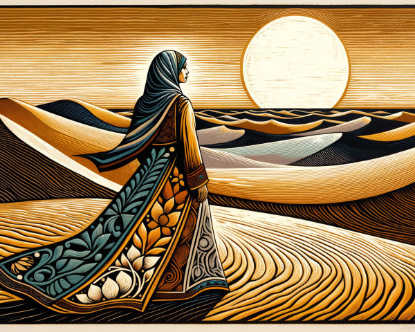 Woman in Flowing Garment in Golden Desert Landscape