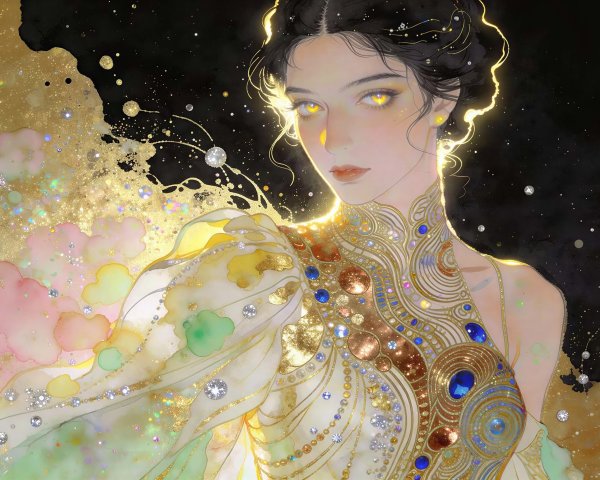 Half-body portrait of a woman with golden eyes and gown