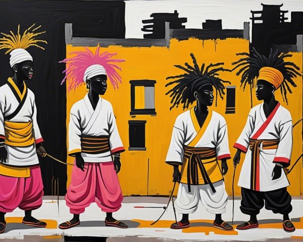 Vibrant Scene of Six Figures in Traditional Attire