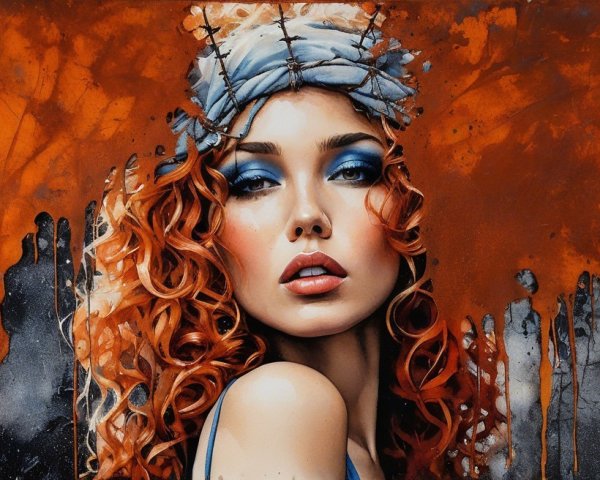 Portrait of a Woman with Red Curls and Bold Makeup