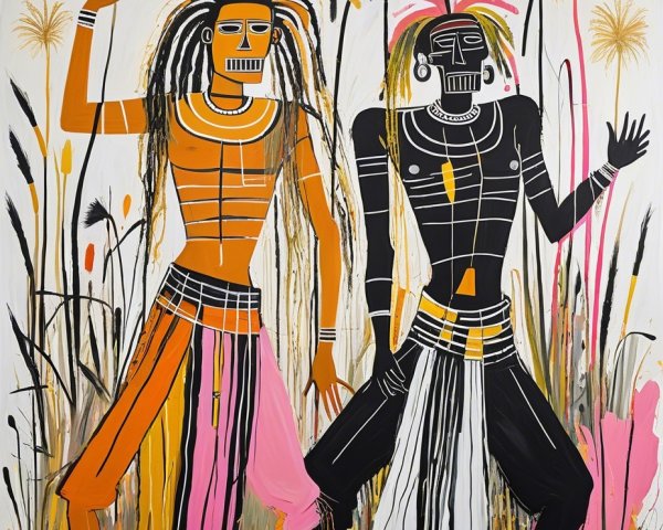 Stylized Figures in Vivid Colors and Patterns