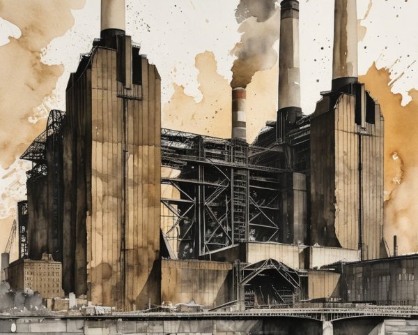 Industrial Power Plant with Smokestacks and Water Reflection