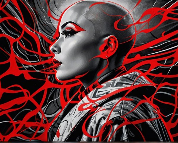 Bald Woman Profile with Bold Makeup and Swirling Red Lines