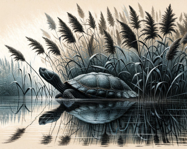 Turtle in Calm Waters Surrounded by Grasses and Reeds