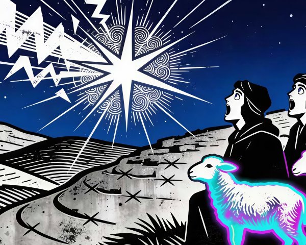 Illuminated Woodcut of Men Gazing at a Bright Star