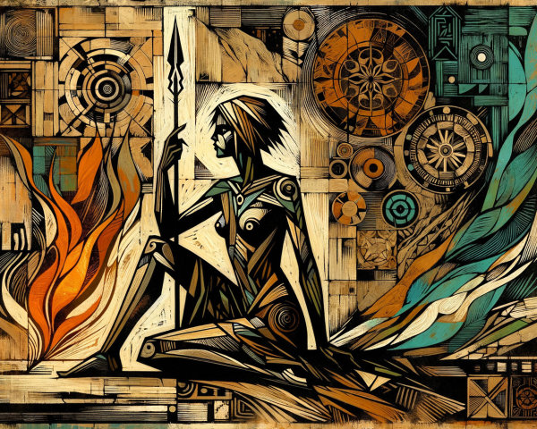 Stylized Figure with Spear Amidst Geometric Patterns