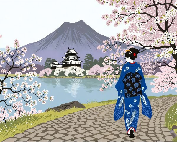 Blue Kimono by Lake with Castle and Cherry Blossoms