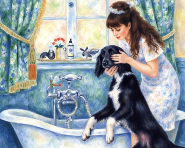 Young woman bathes dog in vintage bathtub setting
