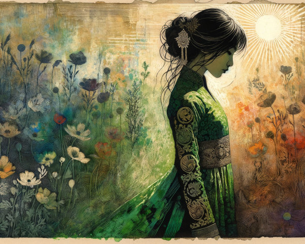 Silhouette of Woman in Green Dress Among Flowers